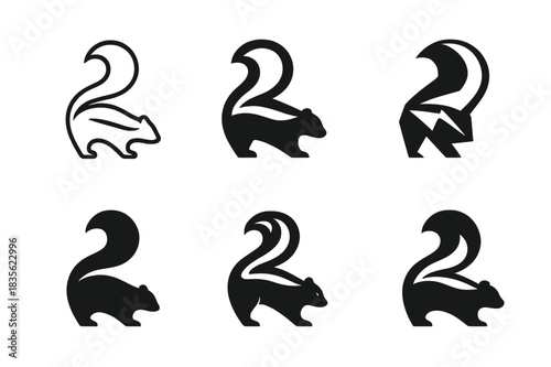 Skunk Logo Variations. Skunk. Icon set. Set Logo of Skunk: skunk tail curve symbol. harmonious logo variations of the same emblematic concept, each with