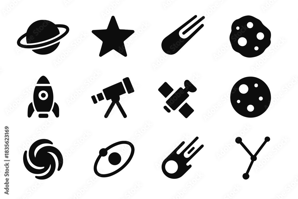 Fototapeta premium Space Icons Collection. Galaxy. Solid icon set of planet, star, comet, asteroid, rocket, telescope, satellite, moon, black hole, orbit, meteor, constellation.