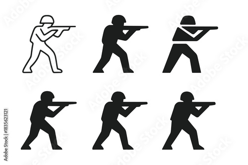 Soldier Logo Variations. Soldier in battle. Icon set. Set Logo of Soldier in battle: Combat stance silhouette. harmonious logo variations of the same