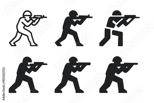 Soldier Logo Variations. Soldier in battle. Icon set. Set Logo of Soldier in battle: Combat stance silhouette. harmonious logo variations of the same