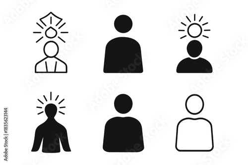 Soul Emblem Variations. Soul leaving the body. Icon set. Set Logo of soul leaving the body: Light orb above a human silhouette. harmonious logo variations of