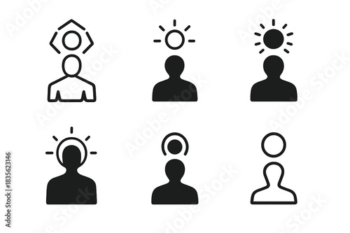 Soul Emblem Variations. Soul leaving the body. Icon set. Set Logo of soul leaving the body: Light orb above a human silhouette. harmonious logo variations of