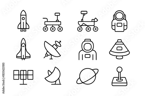 Space Exploration Icons. Space exploration vehicles. Line icon set of space exploration vehicles: rocket, lunar rover, Mars rover, satellite, space shuttle,