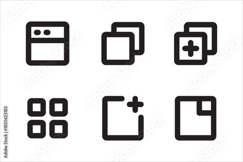 Icon symbol set for browser graphic user interface. Bold line design. Contains multiple window application, more tabs, new, add, maximize, minimize, more. Vector icon illustration.