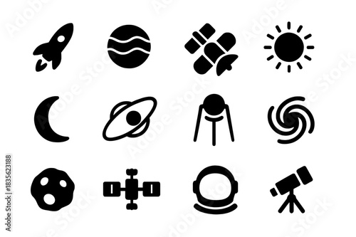 Space Icon Grid. Space Exploration. Solid icon set of Space Exploration: rocket, planet, satellite, sun, moon, orbit, space probe, galaxy, asteroid, space