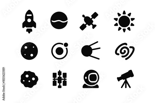 Space Icon Grid. Space Exploration. Solid icon set of Space Exploration: rocket, planet, satellite, sun, moon, orbit, space probe, galaxy, asteroid, space