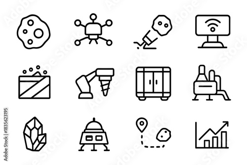 Space Mining Icons. Space mining. Line icon set of Space mining: asteroid, mining drone, laser cutter, resource scanner, ore container, drill arm, cargo hold,