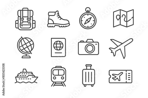 Adventure Icon Set. Adventure Seekers. Line icon set of Adventure Seekers: backpack, hiking boots, compass, map, globe, passport, camera, airplane, cruise