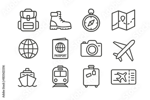 Adventure Icon Set. Adventure Seekers. Line icon set of Adventure Seekers: backpack, hiking boots, compass, map, globe, passport, camera, airplane, cruise