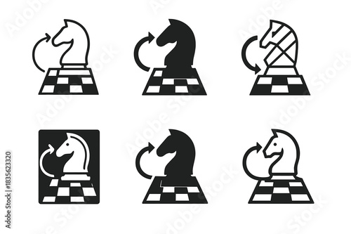 Strategy Game Logos. Engaging in a strategy game. Icon set. Set Logo of engaging in a strategy game: chessboard with knight piece in motion. harmonious logo