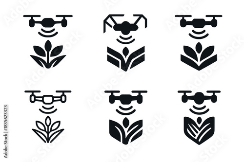 Agricultural Innovation Icons. Agricultural innovation. Icon set. Set Logo of agricultural innovation: drone monitoring crops. harmonious logo variations of