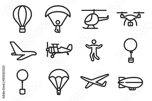 Aerial Icons Collection. Aerial heights. Line icon set of aerial heights: hot air balloon, paraglider, helicopter, drone, airplane wing, biplane, skydiver,