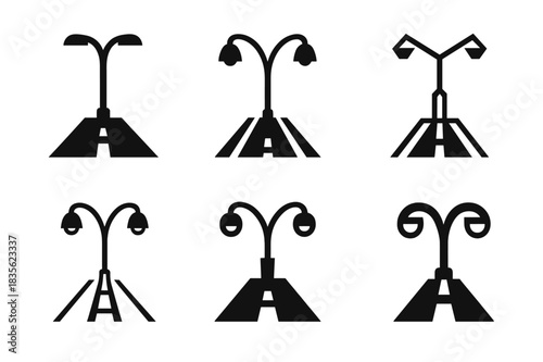 Streetlight Icon Variations. Streetlights at night. Icon set. Set Logo of streetlights: double streetlamps on avenue. harmonious logo variations of the same