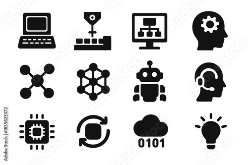 AI Milestones Icons. AI milestones. Solid icon set of AI milestones: early computer, Turing machine, expert system, machine learning icon, deep learning node,