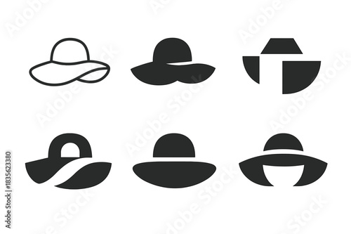 Summer Hat Logos. Summer hats. Icon set. Set Logo of summer hats: wide-brimmed sun hat. harmonious logo variations of the same emblematic concept, each with