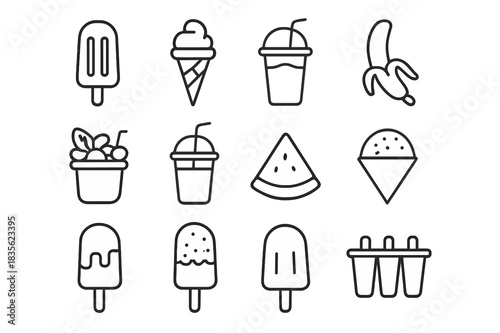 Summer Treats Icons. Summer treats. Line icon set of summer treats: ice pop, ice cream cone, slush drink, frozen banana, fruit cup, smoothie, watermelon slice,