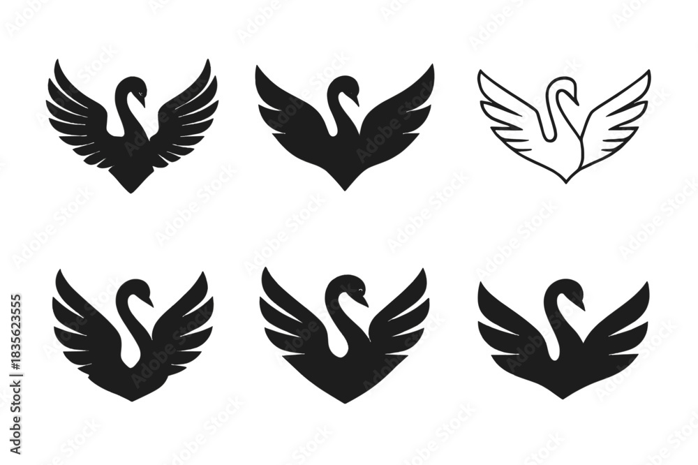 Obraz premium Swan Logo Variations. Swans. Icon set. Set Logo of swans: swan wings outstretched in symmetrical balance. harmonious logo variations of the same emblematic