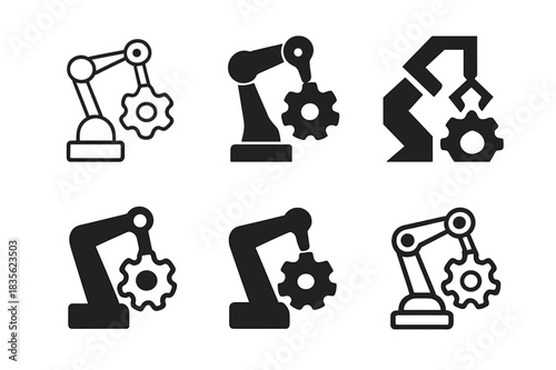 Autonomous Logo Variations. Autonomous manufacturing. Icon set. Set Logo of autonomous manufacturing: robotic arm with gear. harmonious logo variations of the