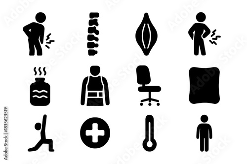 Back Pain Relief Icons. Back Pain Relief. Solid icon set of person holding back, spine, pain lines, muscle, hot pack, back brace, chair, pillow, stretching