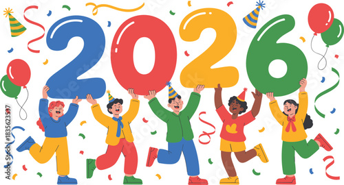 Cartoon celebration illustration for New Year 2026 featuring joyful characters, confetti, balloons, and festive party elements.