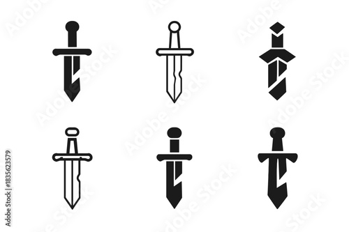 Sword Emblem Variations. Sword props. Icon set. Set Logo of Sword props: Broken sword. harmonious logo variations of the same emblematic concept (Symmetrical