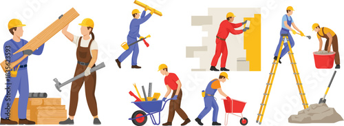 Cartoon construction worker illustration set featuring diverse tasks, tools, and teamwork for labor, industry, and educational themes.