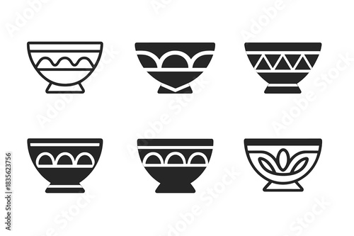 Bowl Logo Variations. Bowl. Icon set. Set Logo of bowl: decorative bowl. harmonious logo variations of the same emblematic concept, each with different