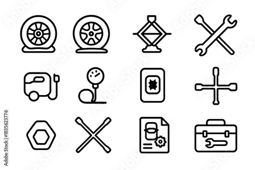 Flat Tire Essentials. Flat Tire Icons. Line icon set of Flat Tire Icons: flat tire, spare tire, jack, wrench, tire inflator, air gauge, patch kit, screwdriver,
