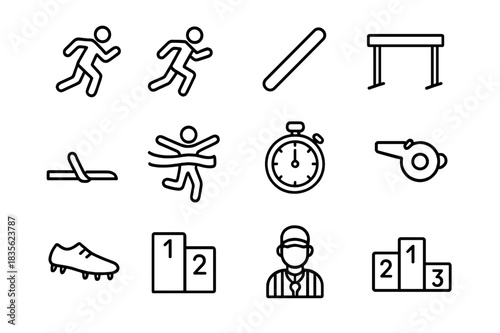 Track Icons Collection. Track and field. Line icon set of track and field: runner, sprinter, baton, hurdle, starting block, finish tape, stopwatch, whistle,
