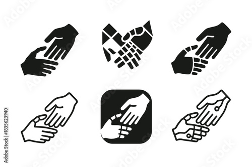 Transhumanism Icon Set. Transhumanism and technology integration. Icon set. Set Logo of transhumanism and technology integration: Robotic hand touching human