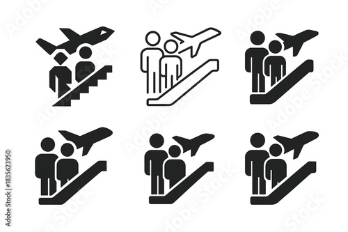 Travel Icon Set. Traveling together. Icon set. Set Logo of friends boarding airplane. harmonious logo variations of the same emblematic concept (Abstract