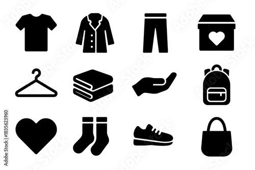 Charity Clothes Icons. Clothes for Charity. Solid icon set of t-shirt, coat, pants, donation box, hanger, folded clothes, hand giving, backpack, heart, socks,