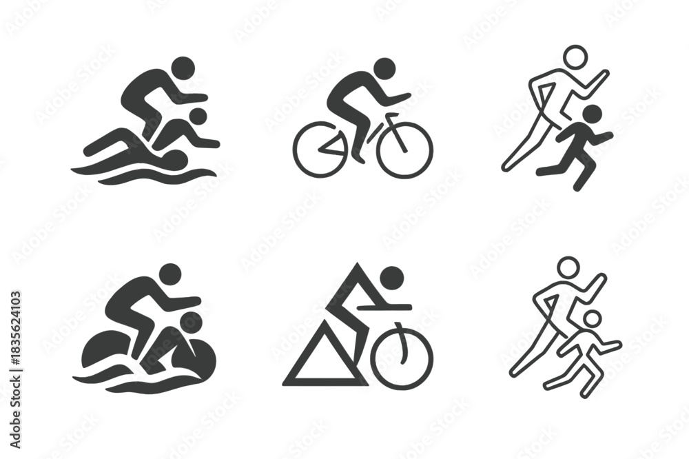 Naklejka premium Triathlon Logo Variations. Triathlon. Icon set. Set Logo of triathlon: swimmer, cyclist, and runner silhouettes. harmonious logo variations of the same