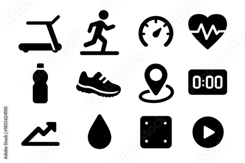 Treadmill Icon Set. Treadmill running. Solid icon set of treadmill running: treadmill machine, running person, speed settings, heart rate monitor, water
