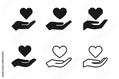 Trust and Loyalty Icons. Trust and loyalty in friendships. Icon set. Set Logo of trust and loyalty: open palm and heart. harmonious logo variations of the same