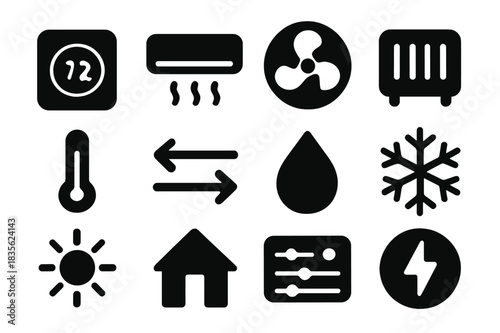 Climate Control Icons. Climate control system. Solid icon set of climate control system: thermostat, air conditioner, fan, heater, thermometer, arrows,