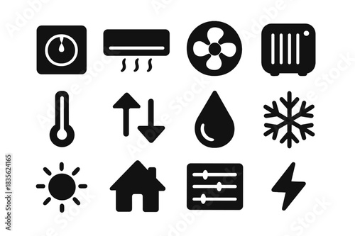 Climate Control Icons. Climate control system. Solid icon set of climate control system: thermostat, air conditioner, fan, heater, thermometer, arrows,