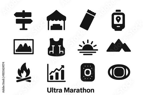 Ultra Marathon Icons. Ultra Marathon. Solid icon set of Ultra Marathon: trailhead sign, checkpoint tent, energy bar, GPS tracker, elevation graph, hydration