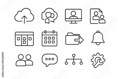 Cloud Collaboration Icons. Cloud-Based Team Collaboration. Line icon set of Cloud-Based Team Collaboration: cloud storage, team chat, video call, shared
