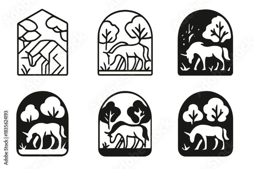 Unicorn Logo Variations. A unicorn grazing in a magical forest. Icon set. Set Logo of forest glade with unicorn. harmonious logo variations of the same