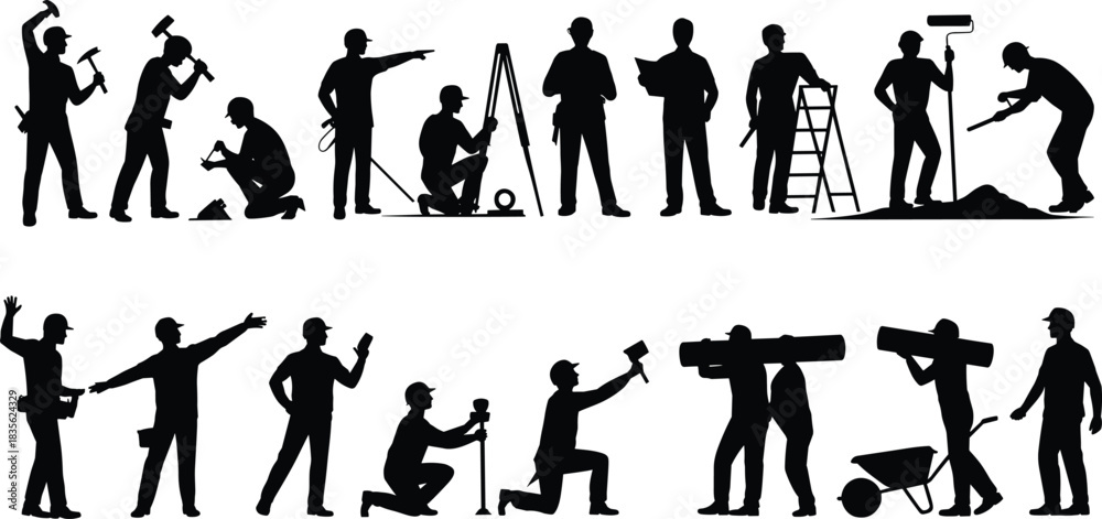 Obraz premium Construction worker silhouette set featuring diverse tasks, tools, and teamwork for labor, industry, and educational design themes.