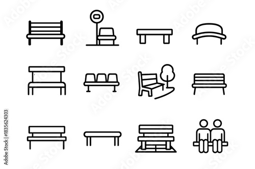 Urban Seating Icons. Urban seating. Line icon set of urban seating: city bench, bench near bus stop, concrete bench, curved bench, shaded bench, public