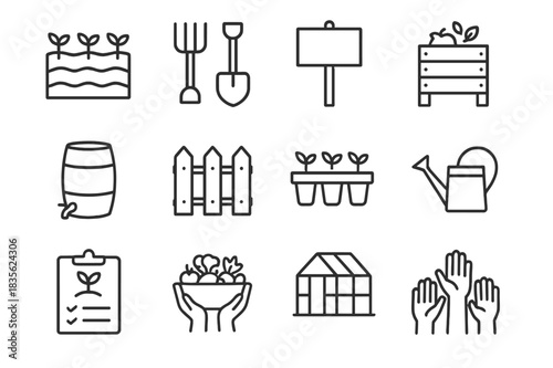 Community Gardening Icons. Community gardening. Line icon set of community gardening: garden plot, shared tools, garden sign, compost bin, rain barrel, fence