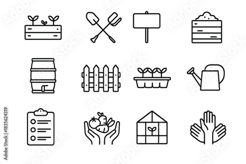 Community Gardening Icons. Community gardening. Line icon set of community gardening: garden plot, shared tools, garden sign, compost bin, rain barrel, fence