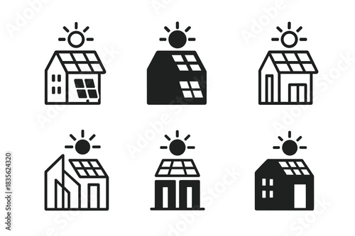 Urban Renewal Icons. Urban Renewable Projects. Icon set. Set Logo of Urban Renewable Projects: solar panels on buildings. harmonious logo variations of the