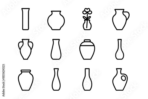 Vase Line Icons. Vase. Line icon set of Vase: tall vase, round vase, flower in vase, ceramic jug, amphora, glass vase, pottery jar, bud vase, clay pot,