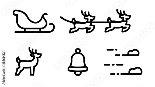 Christmas icons sleigh reindeer bell and clouds