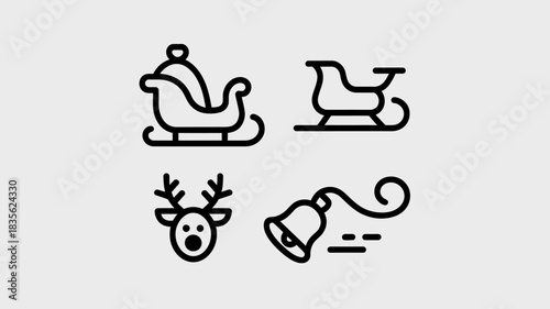 A set of four simple black line art icons representing Christmas elements: two different sleighs, a reindeer head, and a ringing bell.
