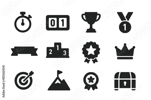 Competition Icon Set. Competition elements. Solid icon set of Competition elements: timer, score counter, trophy, medal, victory ribbon, podium, rank icon,