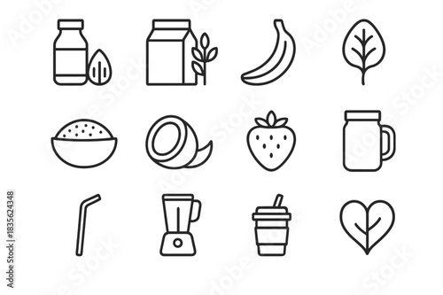 Vegan Smoothie Icons. Vegan smoothies. Line icon set of vegan smoothies: almond milk, oat milk, banana, spinach, chia seeds, coconut, strawberry, glass jar,